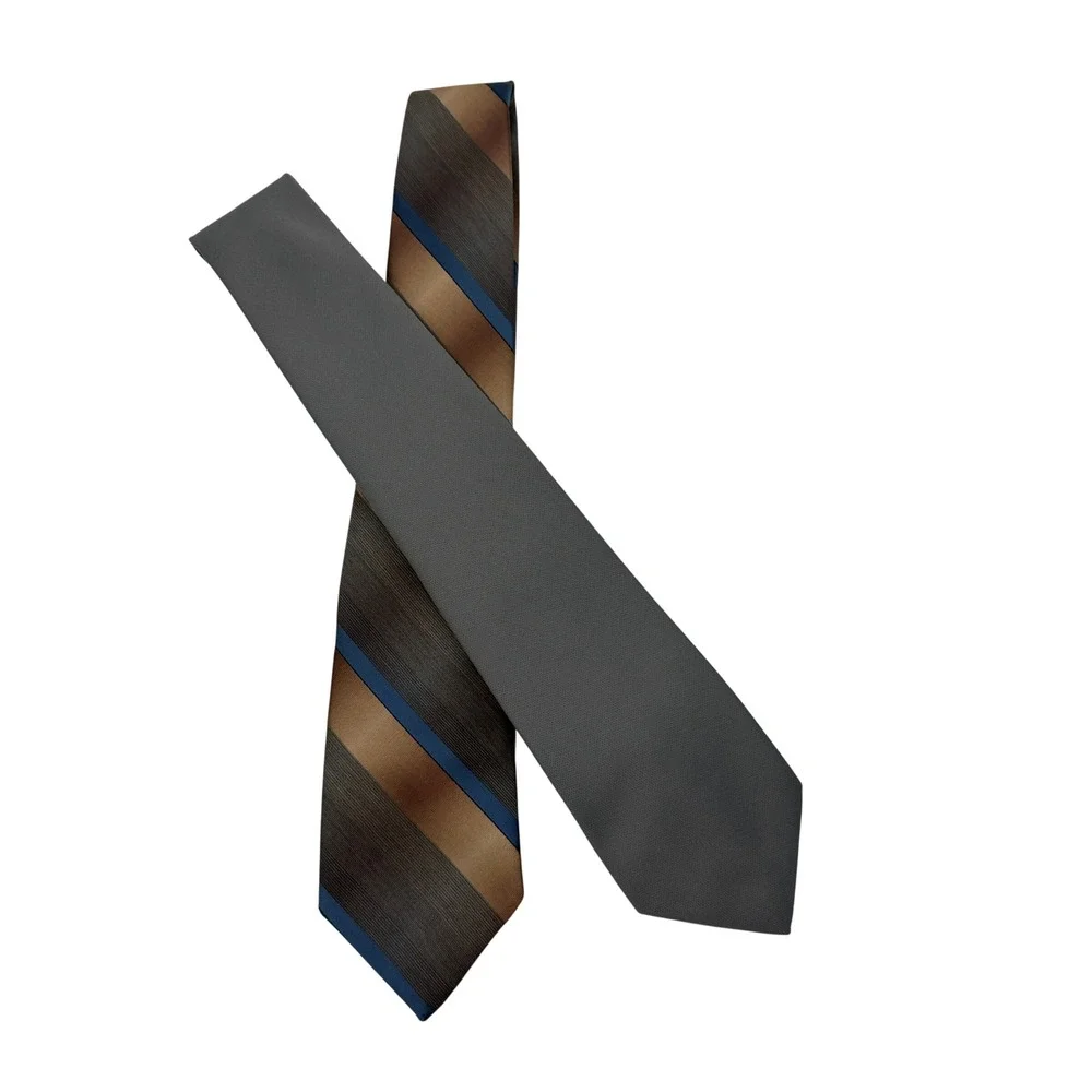 Wembley WemSilk Striped & Ketch Solid Gray Vintage Mens Necktie Lot 2pc